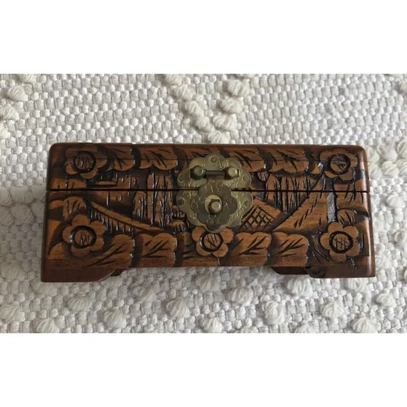 Antique Asian Scenes Hand Carved Ornamental Wood Box/Brass